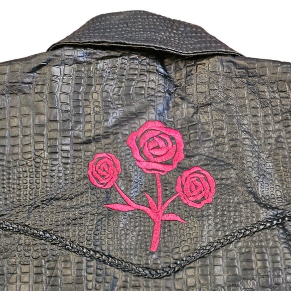 Y2K Black Leather Laceup Jacket Black Embroidered Roses On Back Sz L Biker Goth - Picture 6 of 12